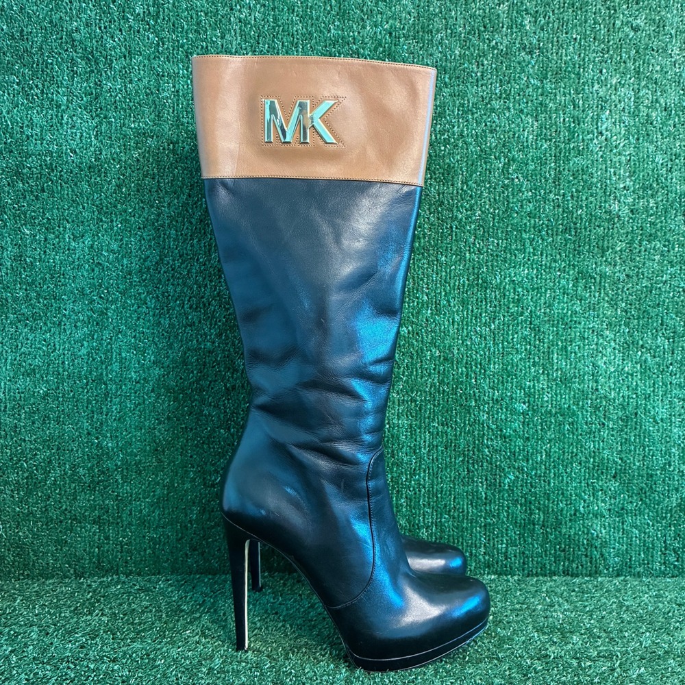 Michael Kors Leather Two Tone Stiletto Knee High Boots Black Brown Womens Sz 8 M